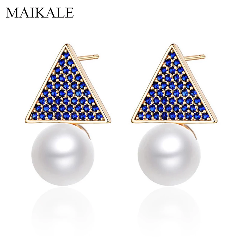 Женские серьги пусеты MAIKALE гвоздики с жемчугом цирконием синего/фиолетового