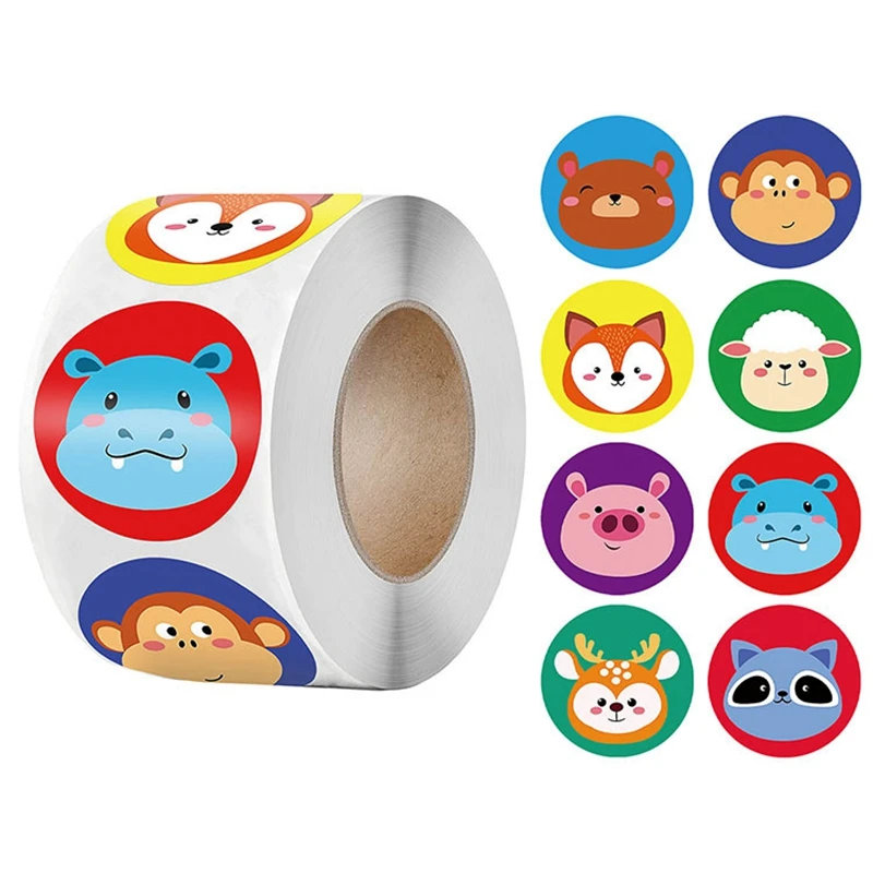 

50-500pcs Cartoon Animals Sticker for Kids Cute Round Reward Stickers for Teacher Encourage Student Motivational Sealing Labels