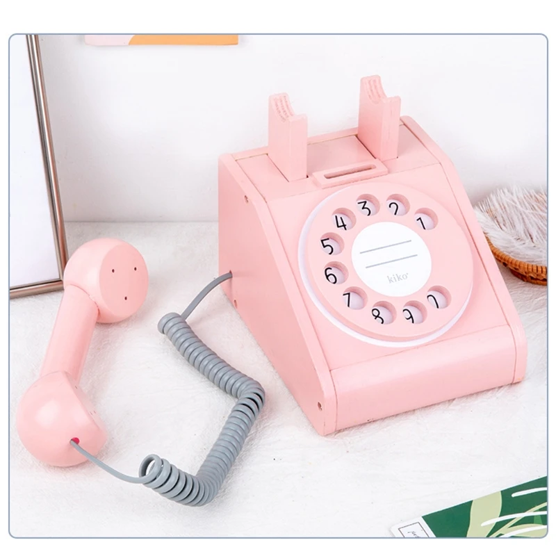 

1 Set Wooden Imitation Antique Dial Telephone, Rotary Design Retro Interactive Bank Landline Phone Toy for Children