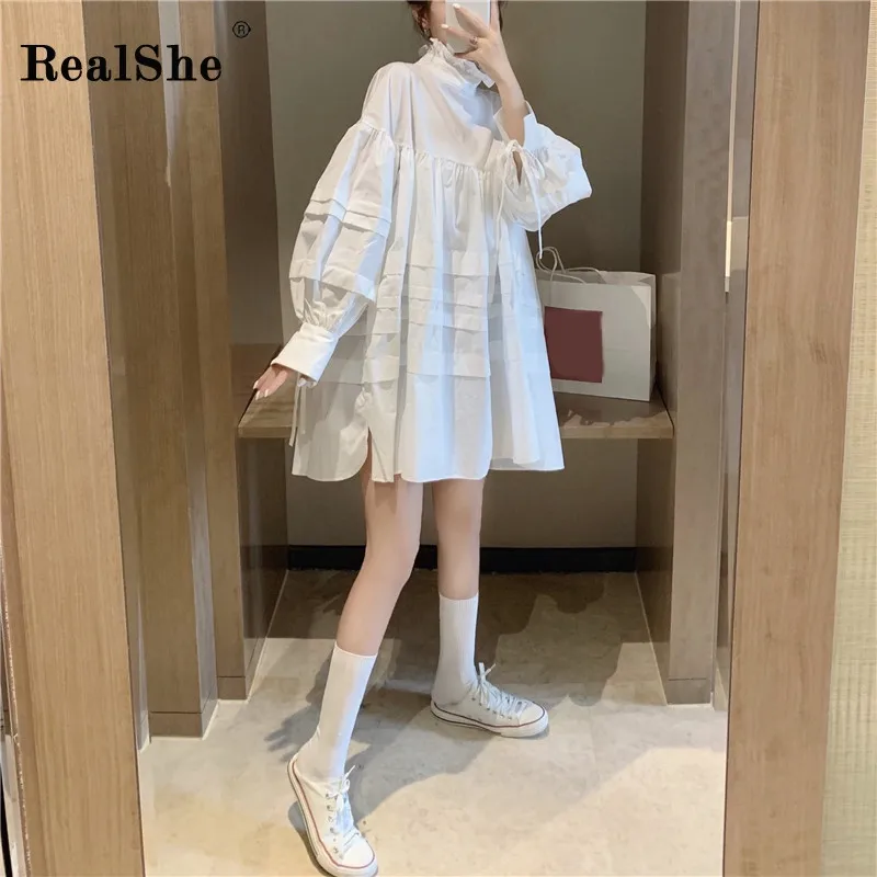 RealShe женское платье 2019 водолазка длинный рукав фонарь оборки свободное а силуэт