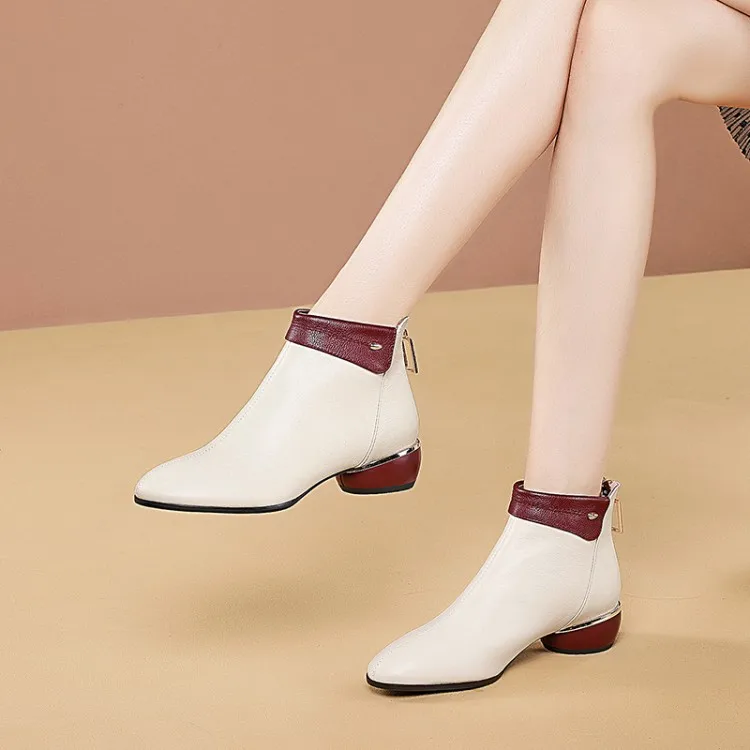 

MLJUESE 2021 women ankle boots cow leather black color zippers winter short plush rivets round heels ankle boots size 34- 41