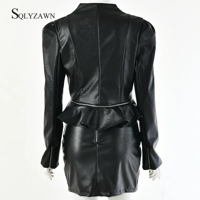 Осенний клубный PU кожаный сексуальный женский жакет и комплект с мини-юбкой