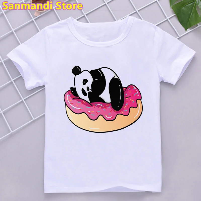 

Panda Loves Donuts Animal Print Tshirts Girls/Boys Kawaii Kids Clothes White Pink T Shirt Tops For Girls/Boys Children Clothing