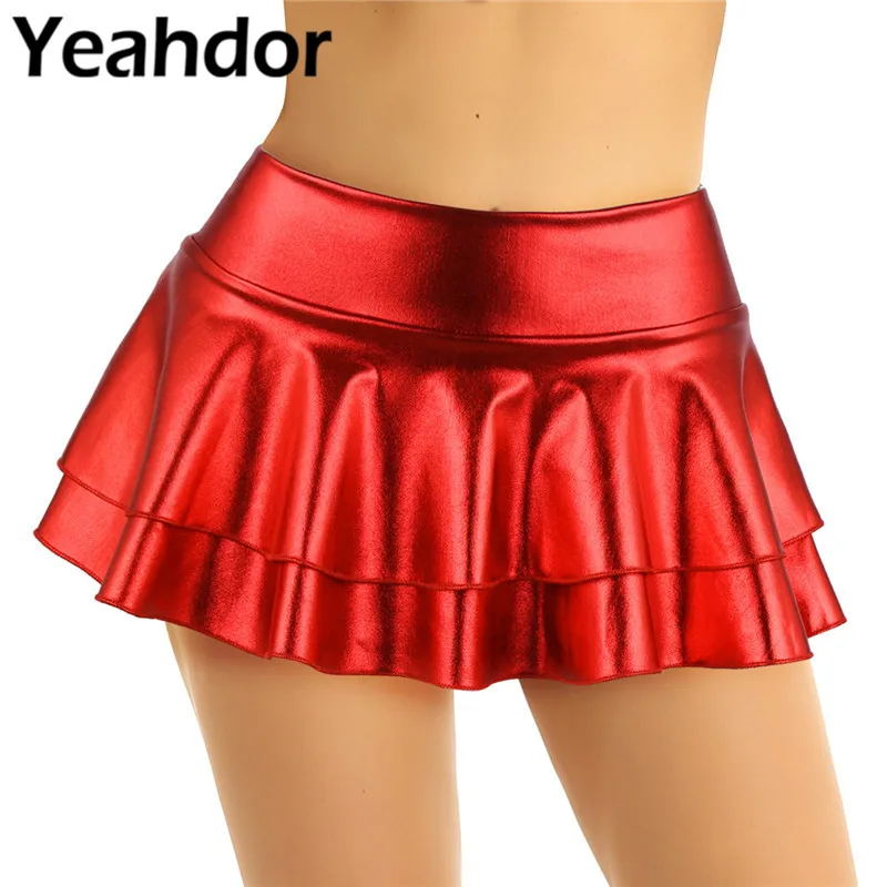 Фото Женская Блестящая мини юбка с металлическим блеском для танца на шесте