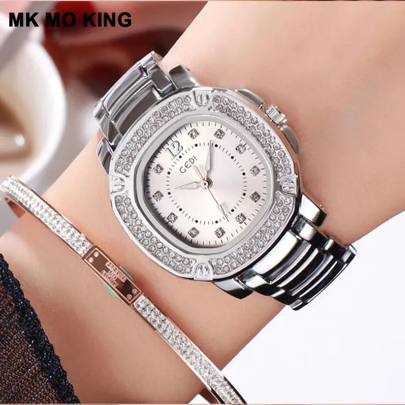 

Роскошные женские часы, Классические Золотые женские часы со стальным ремешком, водонепроницаемые часы из нержавеющей стали с бриллиантам...