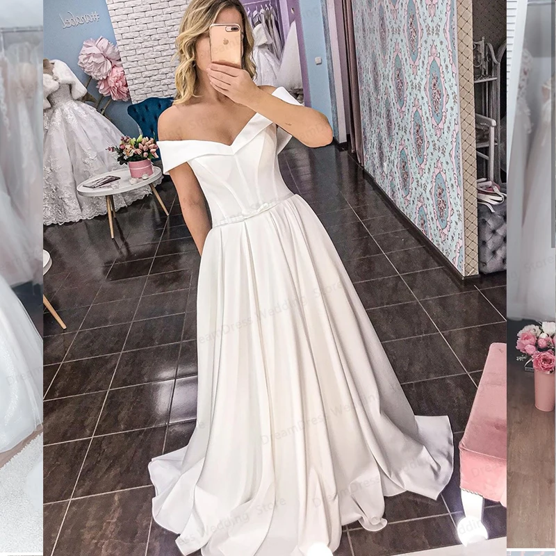 

Wedding Dress 2021 Simple Cheap Satin sexy V-Neck A-Line Cap Sleeve Sweep Train Bridal Gowns High Quality Elegant Backless