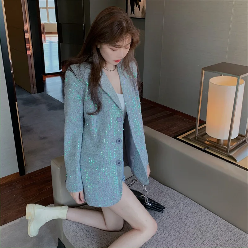 

2021 Spring Autumn Korean Blazer Women New Loose Suit Sequined Single Breasted Small Blazer Coats Women Fashion Streetwear
