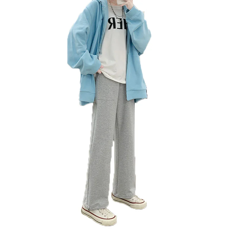 

Gray Sports Female Loose Straight Spring and Autumn 2021 New High Waist Drooping Slimming Versatile Casual Wide-Leg Pants