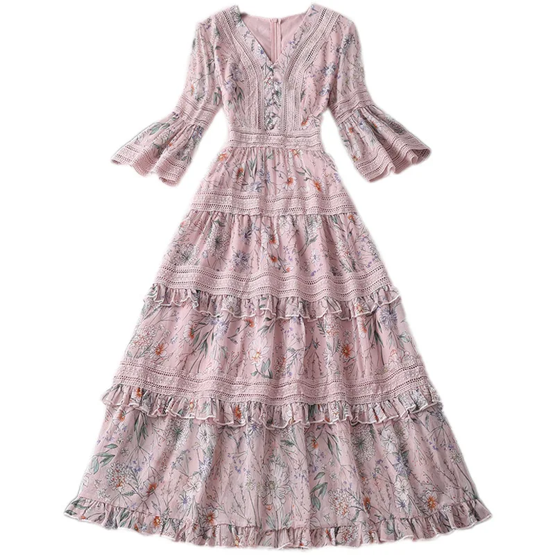 

Women Girls Cute Pink Chiffon Dress 3/4 Flare Sleeve Ruffles A-line V-neck Patchwork Hollow Out Lace Dresses 2020 Summer