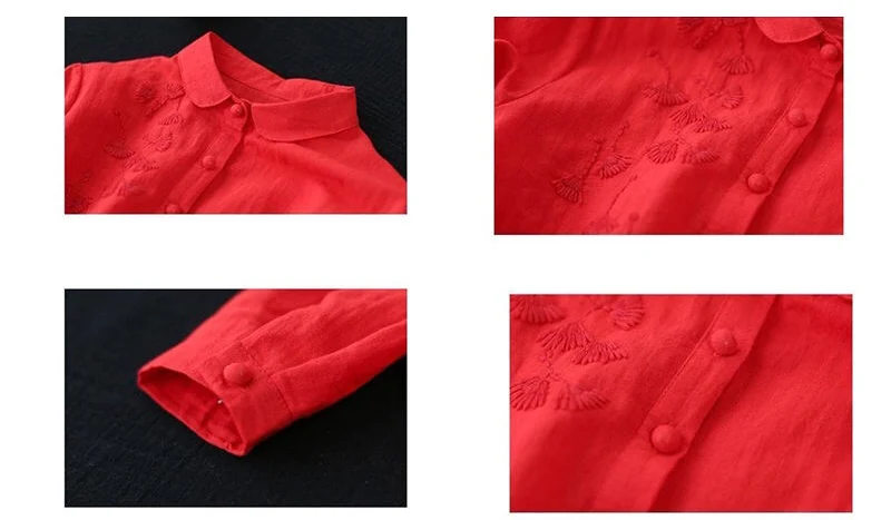 

2020 Spring Fall Womens Clothing , Women Purple Red White Embroidery Full Sleeve 100% Cotton Top Blouse , Shirts for Woman