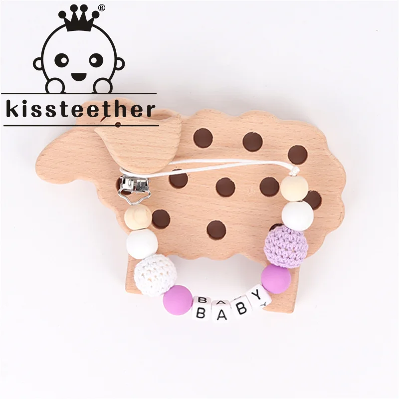 

Kissteether Baby Wooden Teether Pacifier Clip Chain Beech Rodent Ring Baby Nursing Rattle Food Grade Perle Silicone Bead Toy Set