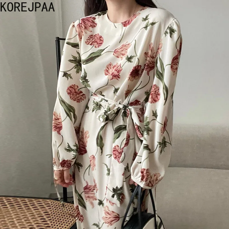 

Korejpaa French Retro Dress Women Floral Printing Korea Autumn Fashion O-neck Puff Sleeve Casual Lace Up Slim Waist Long Vestido