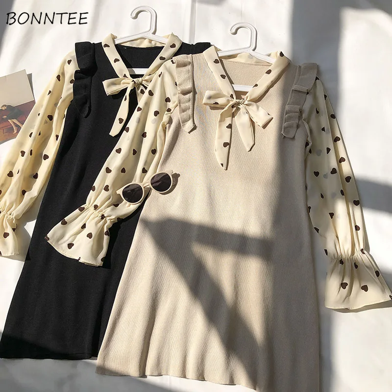 

Женское трикотажное платье составного кроя, с длинными рукавами-колоколами, V-образным вырезом и бантом, универсальная элегантная уличная о...