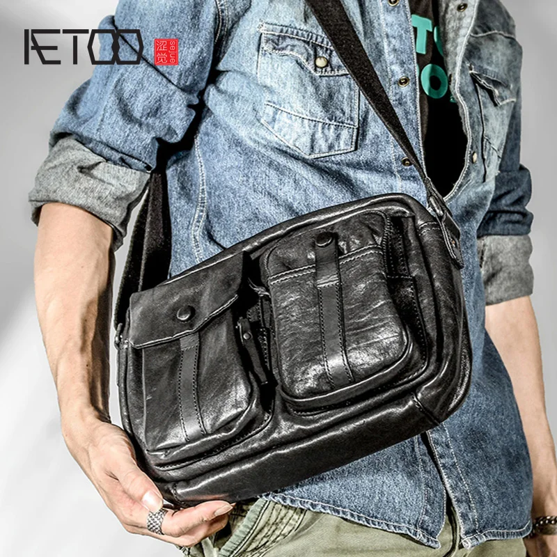 

AETOO Vegetable tanned cowhide postman bag, top layer cowleather men's shoulder bag, men's leather casual slant bag