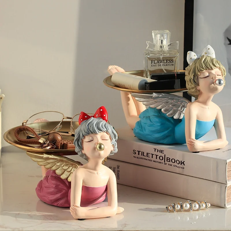 

Nordic Light Luxury Home Decoration Angel Girl Fruit Plate Resin Figure Sculpture Metal Tray Modern Dining Table Decoration