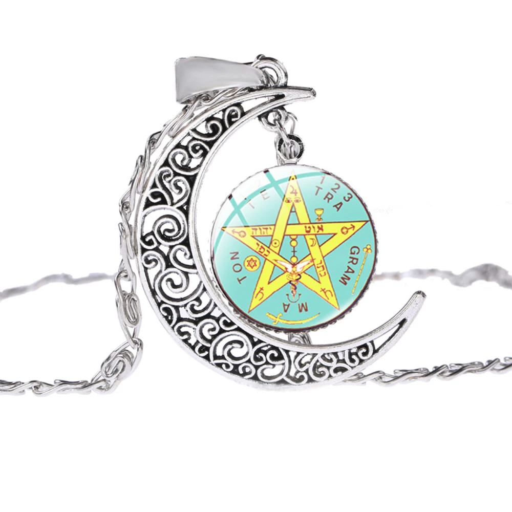 

Divination Witchcraft Pentagram Statement Necklace Ancient Silver Color Moon Pendant Necklace Five-Pointed Star Jewelry Collares