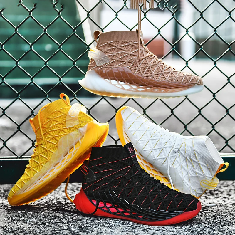 

New high-end men's basketball shoes fashion outdoor fitness jogging shoes flying thread woven popcorn bottom casual sports shoes