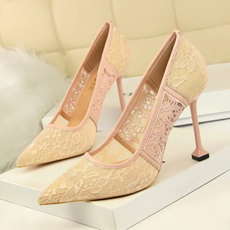 

Fashion sexy Women Pumps Lace Thin heels Spring Toe High Heels Stilettos OL Dress Party Shoes woman shoes