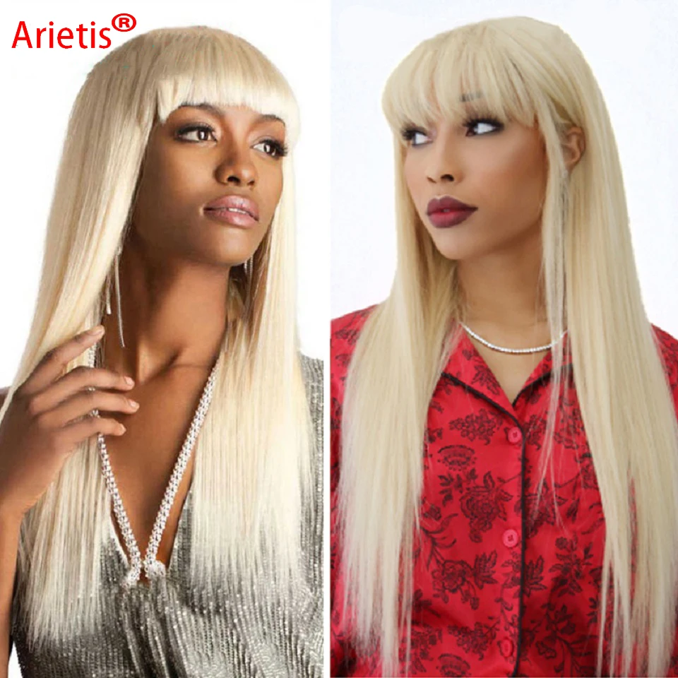 

Arietis Hair 150% Density Peruvian 613 Straight Full Machine Made No Glues Remy Human Hair Wig With Bang For White Women