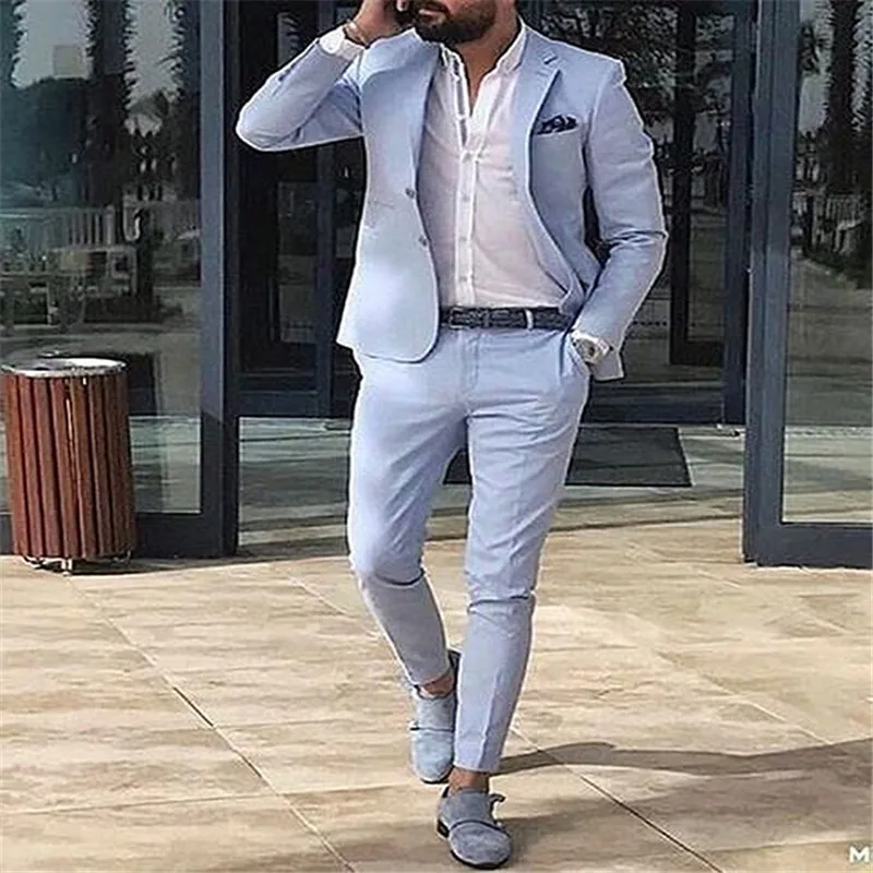 

New Light Blue Men Suits Slim Fit Blazer Summer Casual Street Jackets for Business Wedding Prom Classic Male Tuxedos with Pants