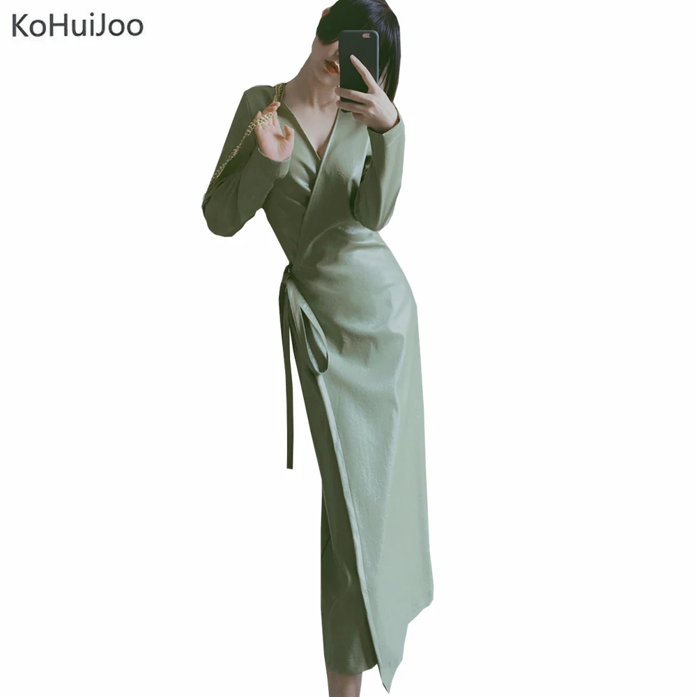 KoHuiJoo женское платье из искусственной кожи размера плюс с длинным рукавом