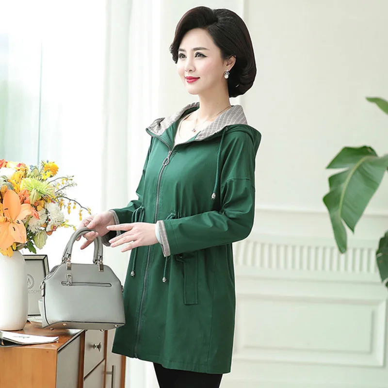 

Women Windbreaker Jacket Mid-Long Section Hooded Elastic Waist Large Size Loose Casual Jacket Mother's Coat Spring Autumn A686