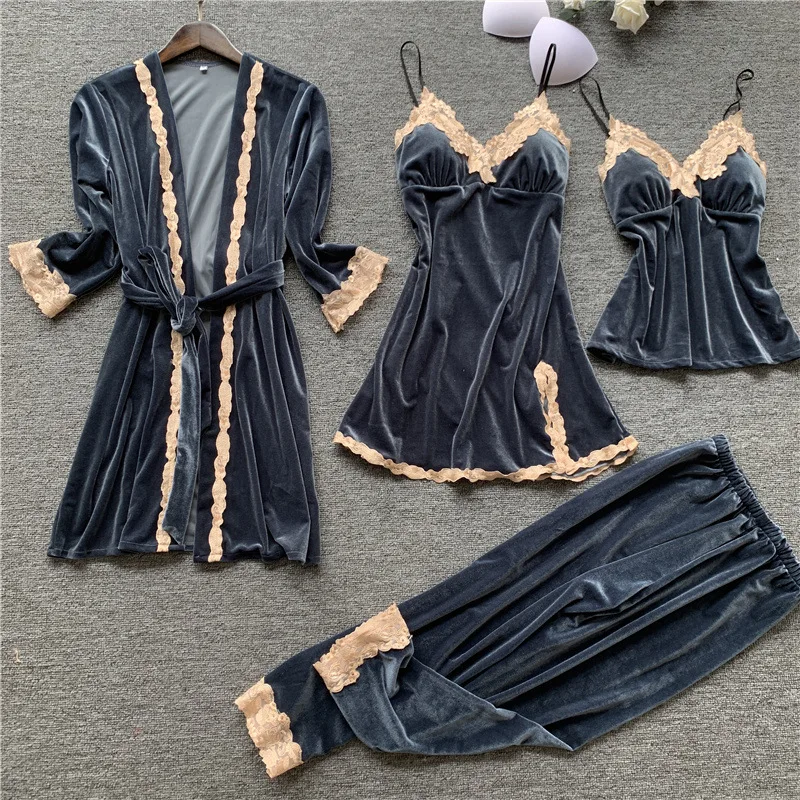 Golden Velvet Keep Warm 4 Pcs Women Robe Set Lace Sexy With Chest Spaghetti Strap Pijama | Женская одежда