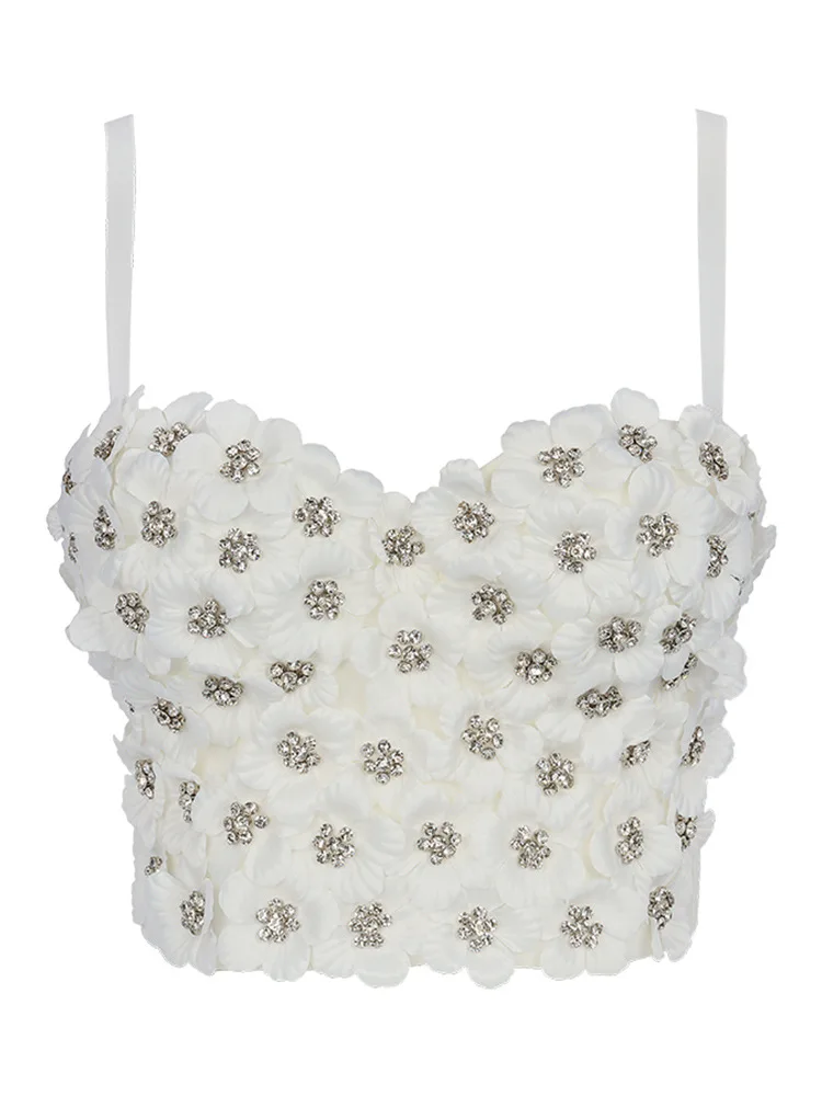 Irene Tinnie Sexy Tops Diamond Beading Flowers Tops Push Up Women's Holiday Corset Bustier Bra Night Club Party Cropped Top Vest