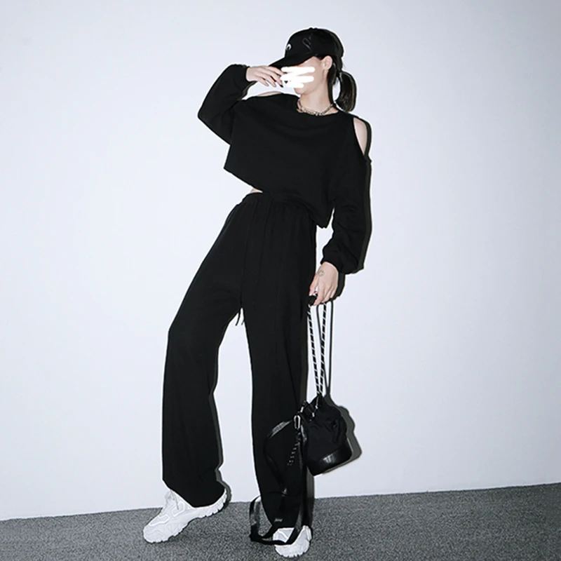 

[EAM] Wide Leg Pants Two Piece Suit New Round Neck Long Sleeve Black Loose Fit Women Fashion Tide Spring Autumn 2021 1Z022