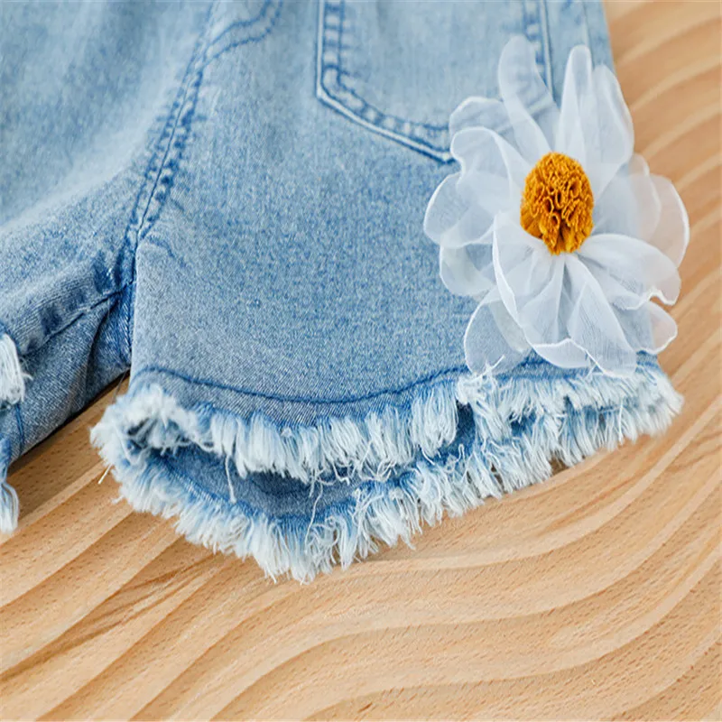 

Summer New Baby Suit Girls' Cothes Round Neck Solid Color Lace Sleeveless Top + cute Denim Shorts Casual Children's Clothing