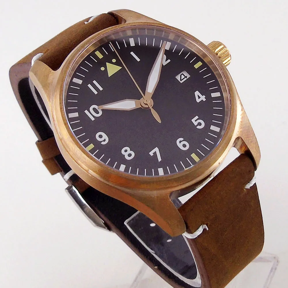 

Real Bronzed 20ATM Waterproof 39mm Automatic Watch Case Nologo Green Dial Leather Band Screwdown Crown
