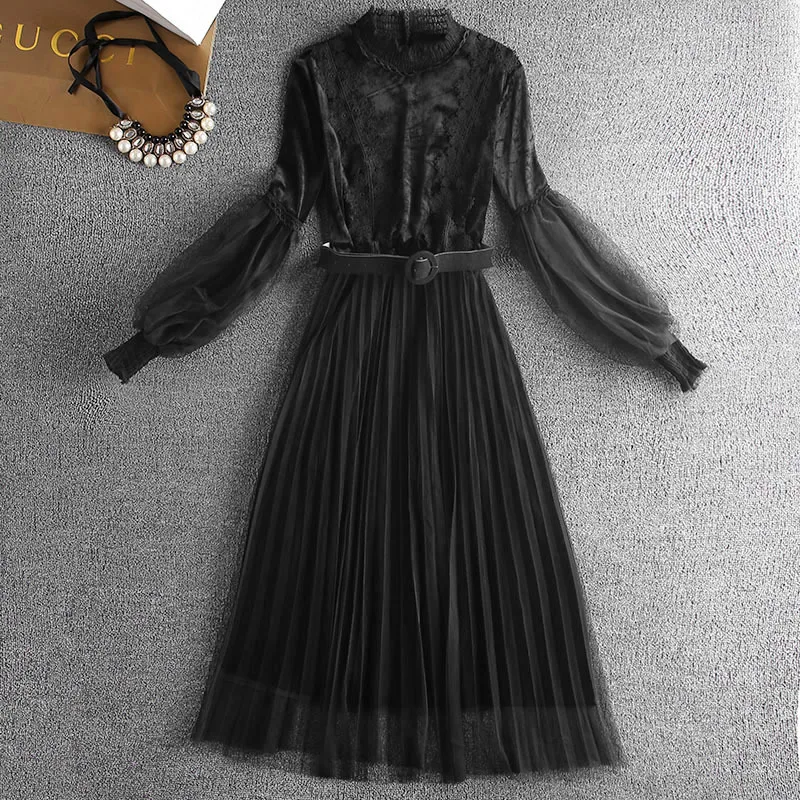 Женское Плиссированное кружевное платье винтажное Элегантное повседневное с