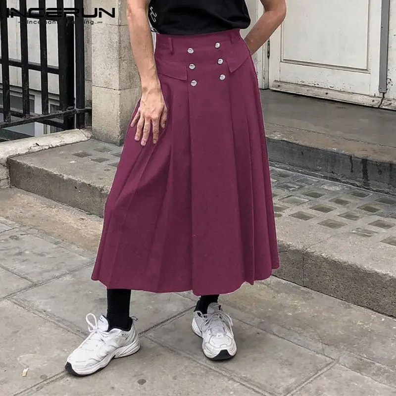 

INCERUN 2021 Мужская юбка свободные брюки однотонная уличная одежда двубортная плиссированная Мужская юбка индивидуальная мода повседневная юб...