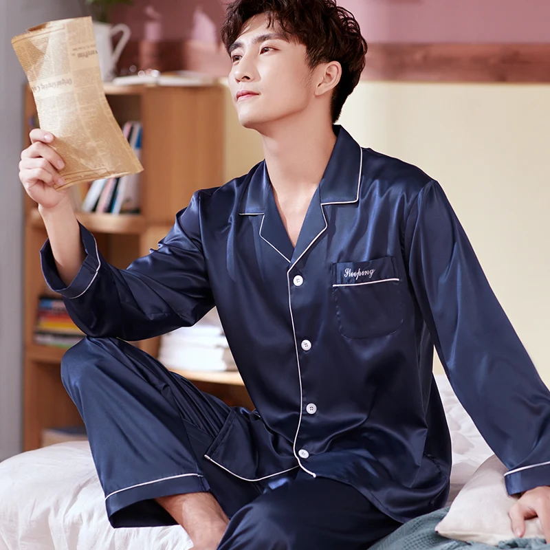 

Spring Suit Pajamas Set Men Autumn Long Sleeve Ice Silk Korean Loungewear Pajamas Set Satin Pijama Masculino Homewear DF50PS