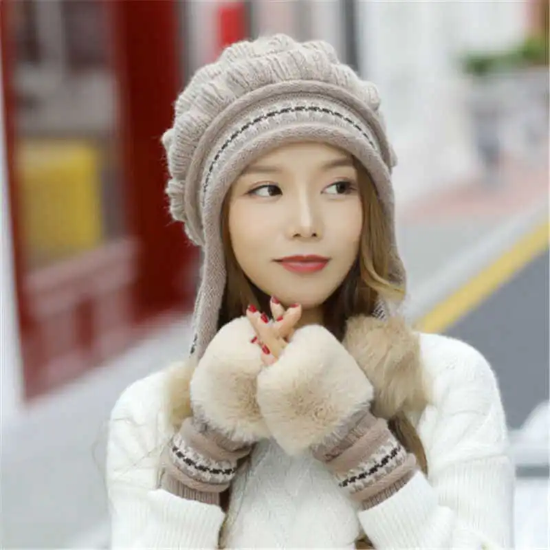 

HAT + gloves Women Thicken Hat Gift Winter Knitted Crochet Warm Xmas Beanie