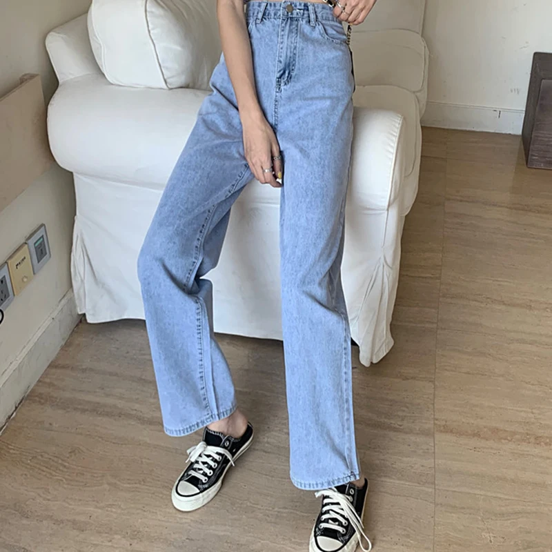 

Jeans Women Straight Simple Korean Style Leisure Chic Dragged High Waist Fashion Oversize Harajuku Solid Trousers Womens Pockets