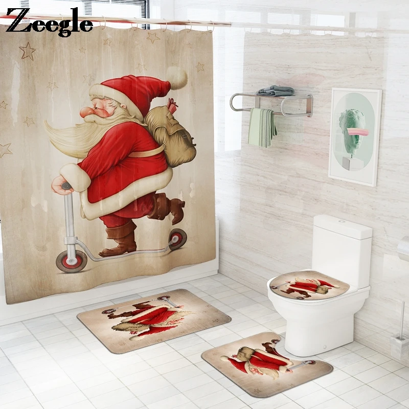 

Christmas Style Santa Claus Print Polyester Waterproof Shower Curtain Bathroom Mat Set HomeDecor Bathroom Carpet Rug Toilet Foot