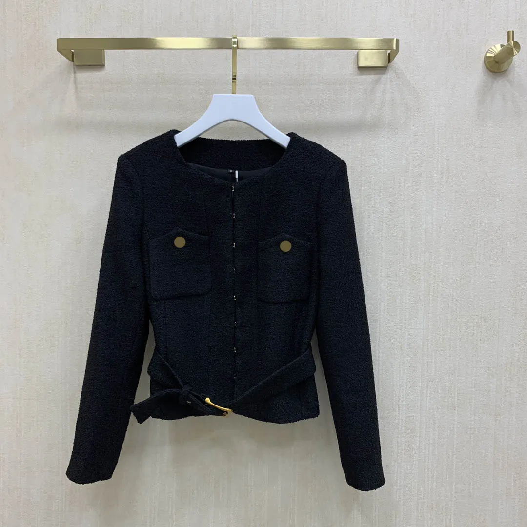 

Black Tweed Coats for Women Luxury Brand Double Pocket O-neck Jacket Top Quality 3D Cut Long Sleeve Slim Jacket Lady Winter 2021