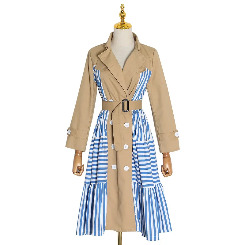 

Original Design 2021 Jackets New Model Profile Striped Mosaic Khaki Containing Waistband Waist Hugging Long Coat Jacket