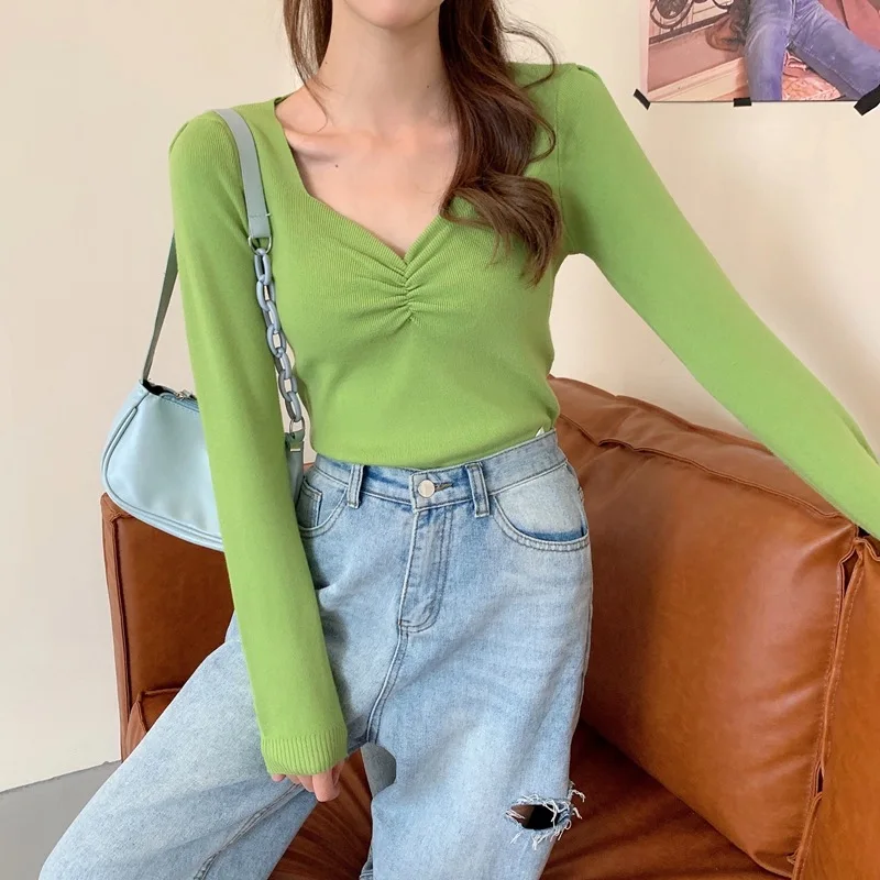

Winter Knitting Sweater Pullovers Women Long Sleeve Tops V Neck Knitted Sweater Chic Woman Clothes Female Casual Streetwear