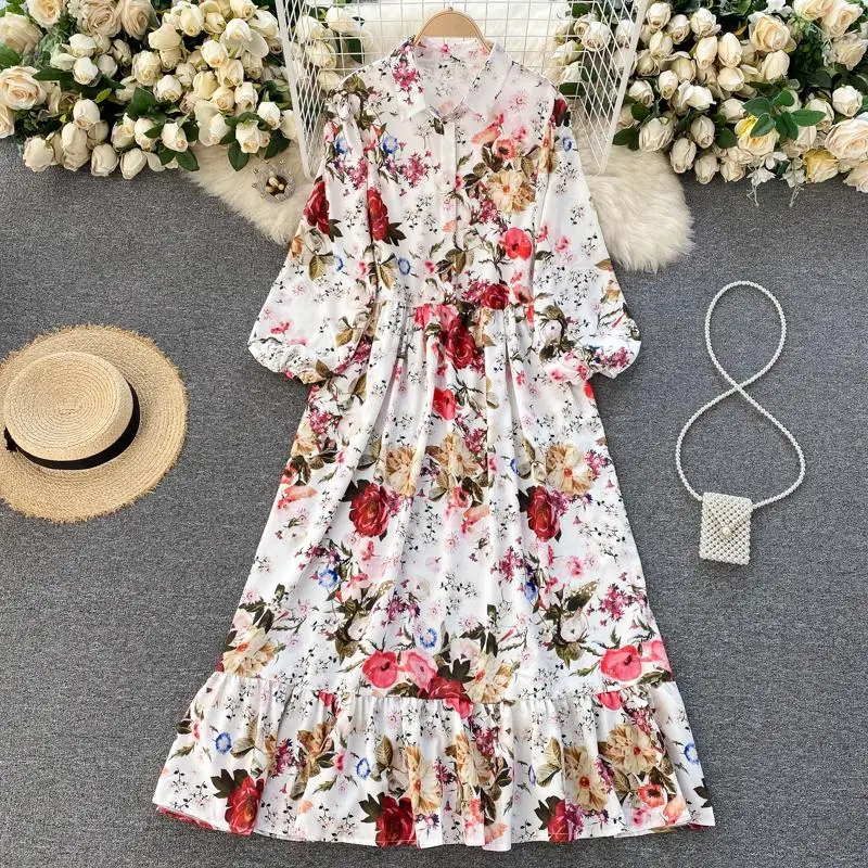 

Women's Floral Boho Loose Long Dress Summer Autumn Lantern Sleeve Holiday Beach Dress Ladies Streetwear Turn Down Collar Vestido