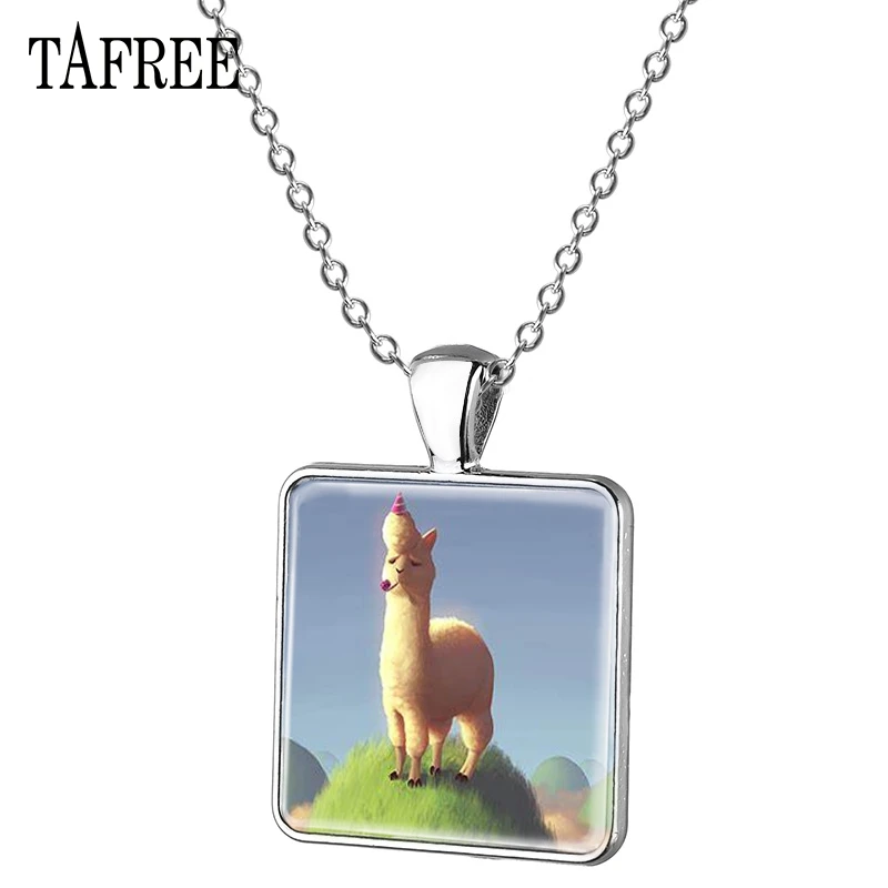 TAFREE Creative Cartoon Alpaca Picture Square Necklace Glass Cabochon Little Sheep Pendant Jewelry Women YT01 | Украшения и