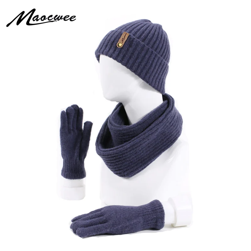 

Winter Women Men's Hat Scarf Gloves Set Knitted Outdoor Warm Thicken Unisex 3 Pieces Set Casual Solid Color Hat Scarf Gloves Set