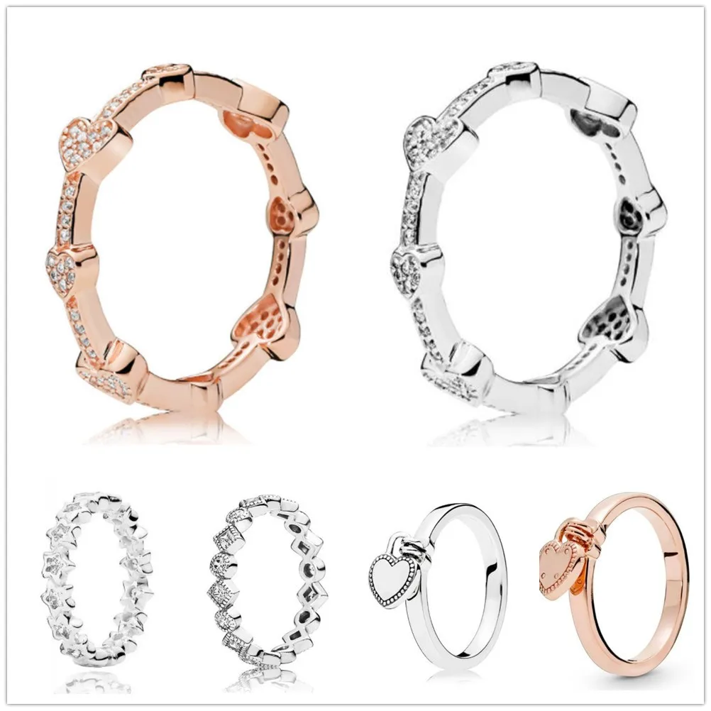 

Authentic 925 Sterling Silver Rose Alluring Hearts With Crystal Rings For Women Wedding Party Gift Europe fashion Jewelry