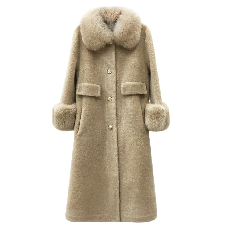 

2021 Women Winter Real Genuine Granule Sheep Shearling Fur Coats Real Fox Fur Collar Sleeve Overcoats True Fur Outwear