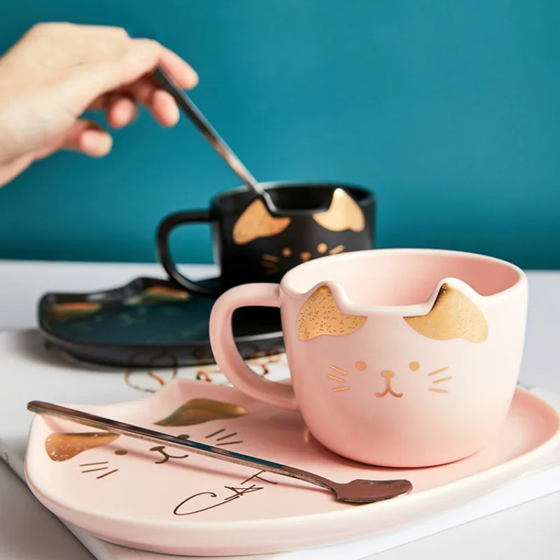 Ceramic Coffee Cup Set Cartoon Cat Tea with Saucer Spoon Breakfast Milk Mug Bread Dessert Dish Porcelain Pet | Дом и сад