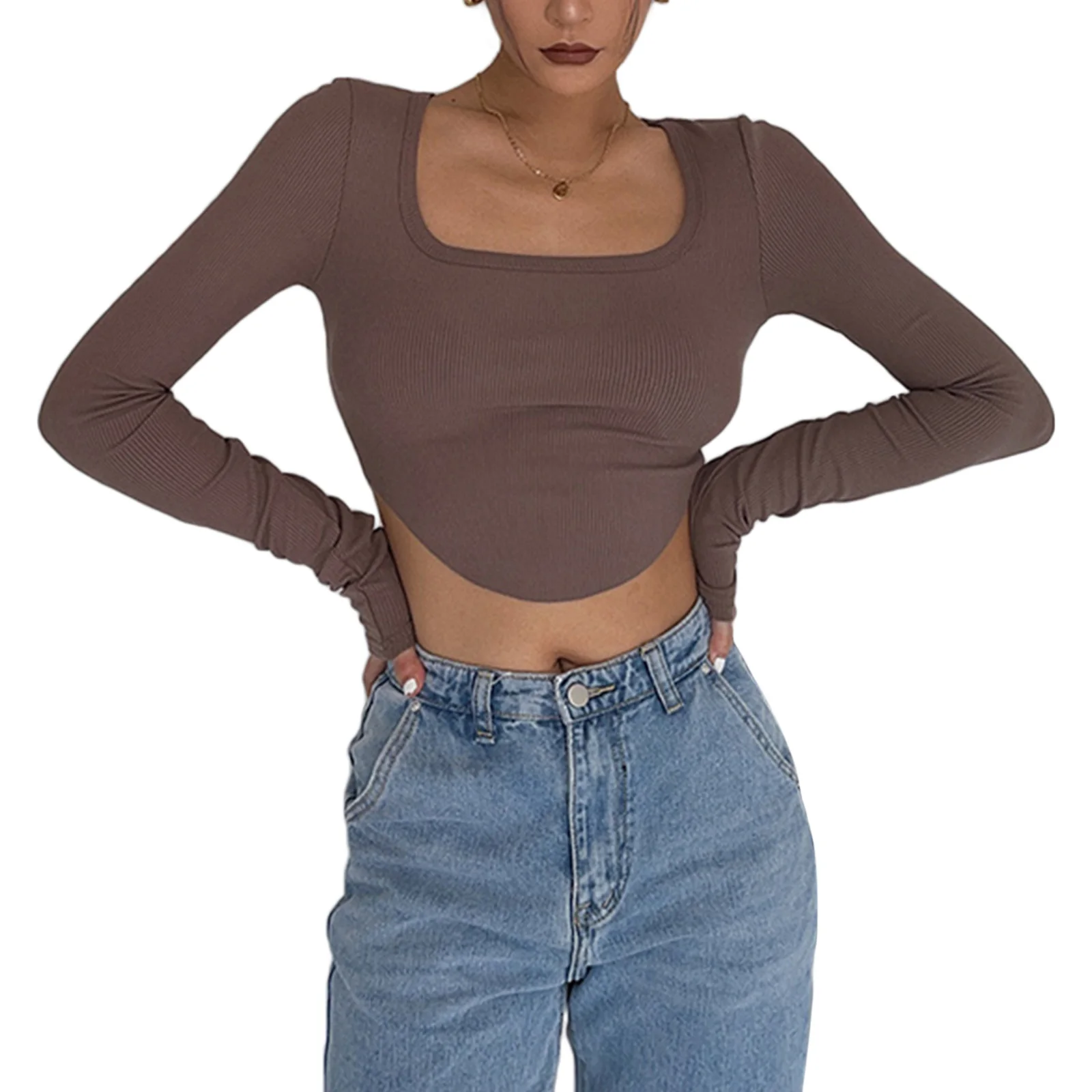 

Women Fashion Casual Knitting Tops Square Neck Irregular Hem Solid Color Slim Pullover Shirt