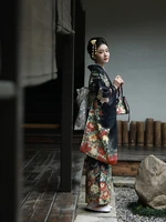 womens japanese traditional kimono gorgeous black color floral prints long sleeve classic yukata cosplay wear performing dress