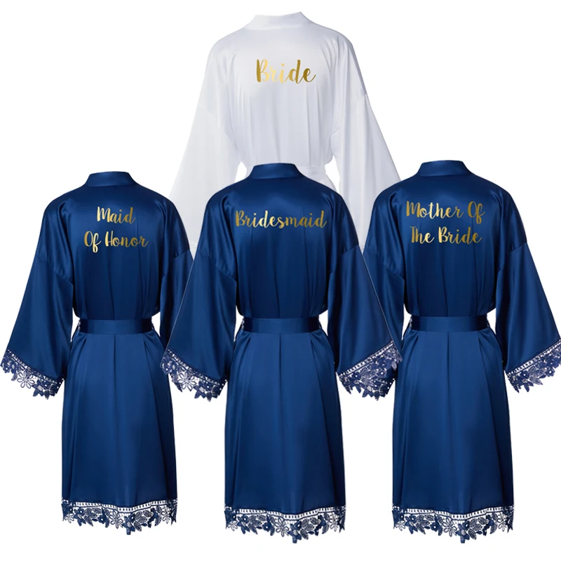 

Women 2020 New Bride Bridesmaid Robe Silky Matt Satin Lace Bridal Robes Wedding Gift Bathrobe Kimono Sleepwear Navy