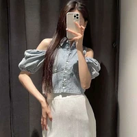 2021 summer new womens clothing korean style retro fashion polo collar off the shoulder short high waist slimming denim shirt
